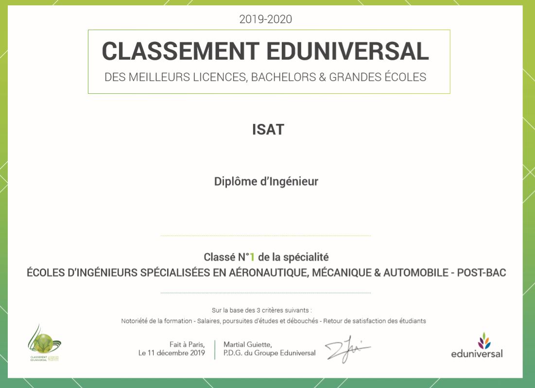 ISAT post-bac 1ere place classement Eduniversal 2019